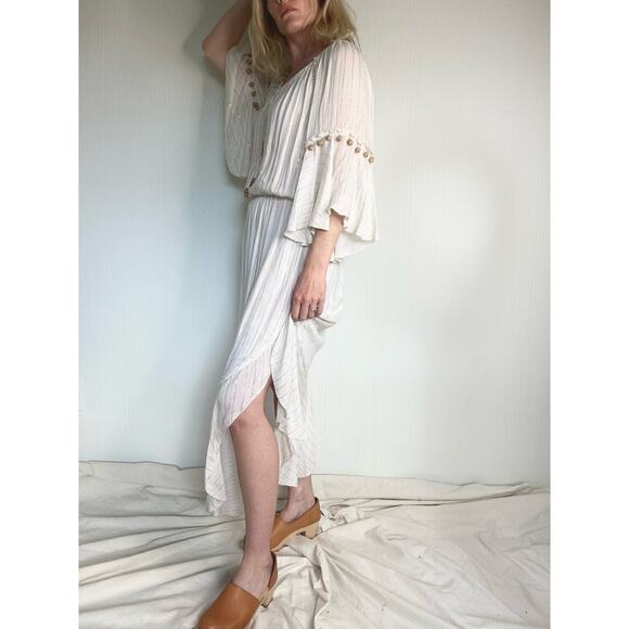 SAYLOR Grecian Goddess Ivory Gauze Off Shoulder Bell Sleeve Maxi Dress US SMALL - Picture 5 of 16